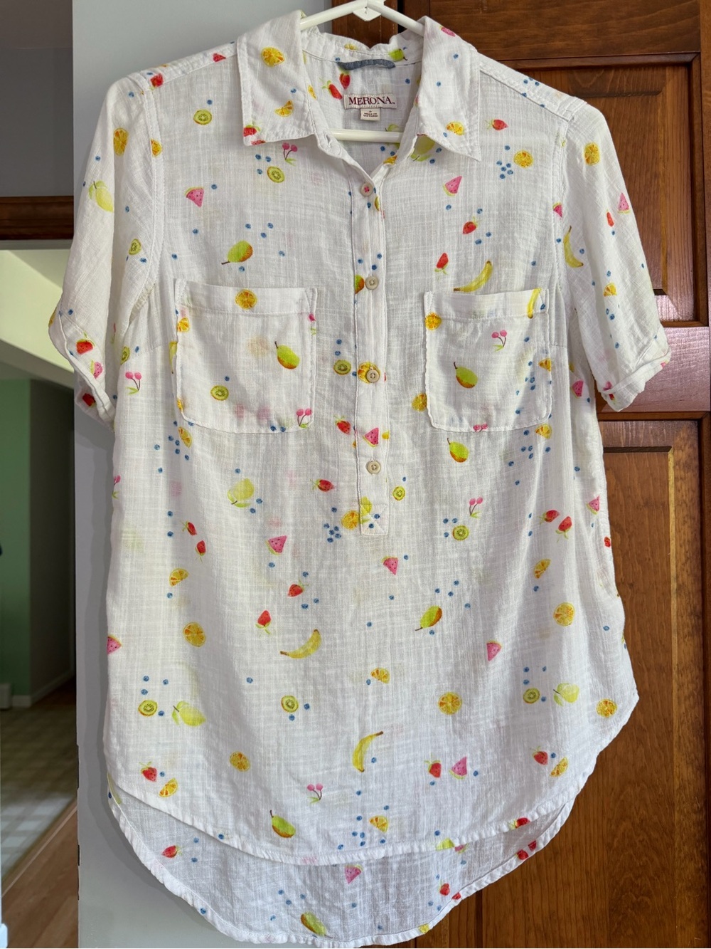 Gauzy Fruit-Print Pop Over Top S Small